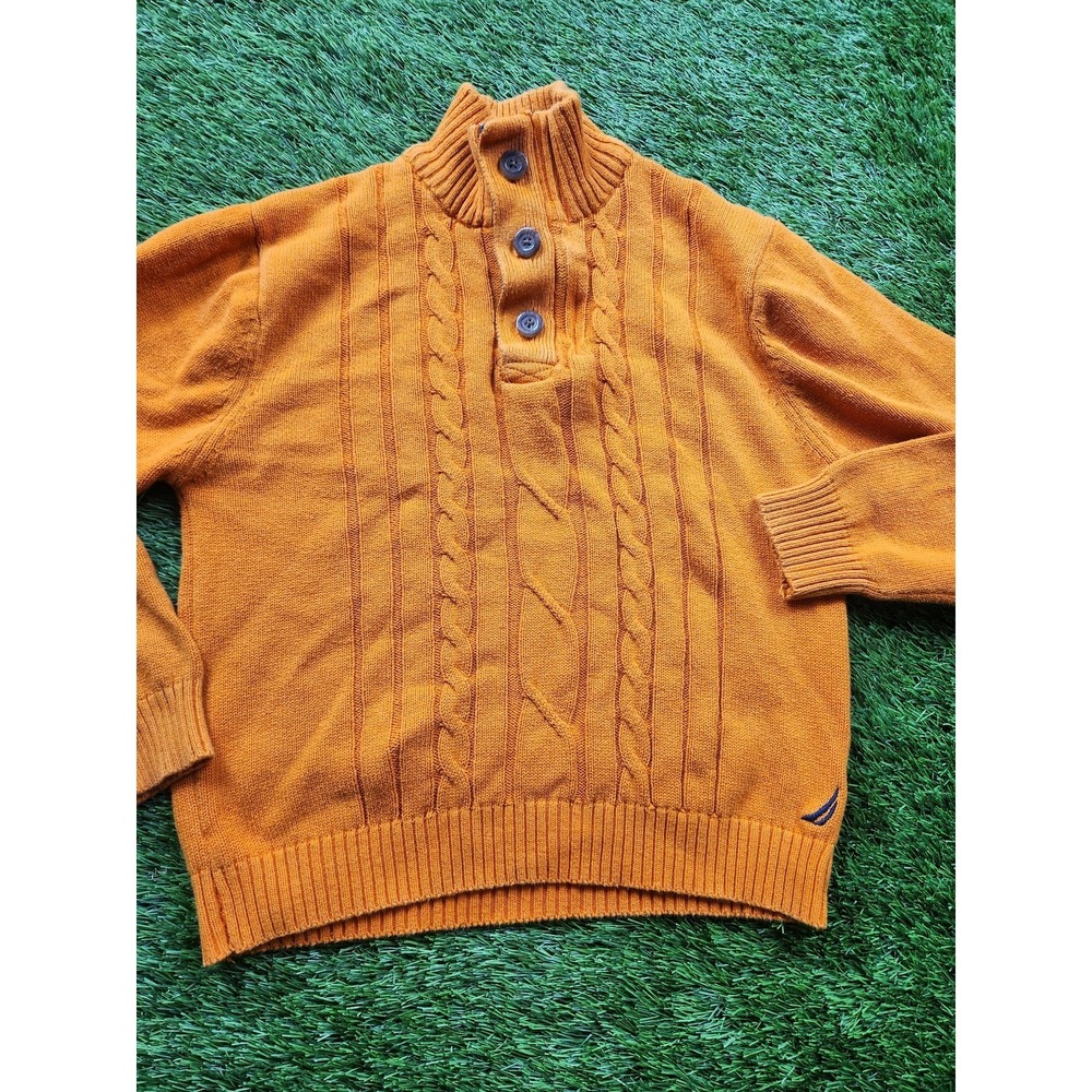 Nautica Sweater Boys 8 Orange Cable Knit Henley Pullover Cotton Fall Logo